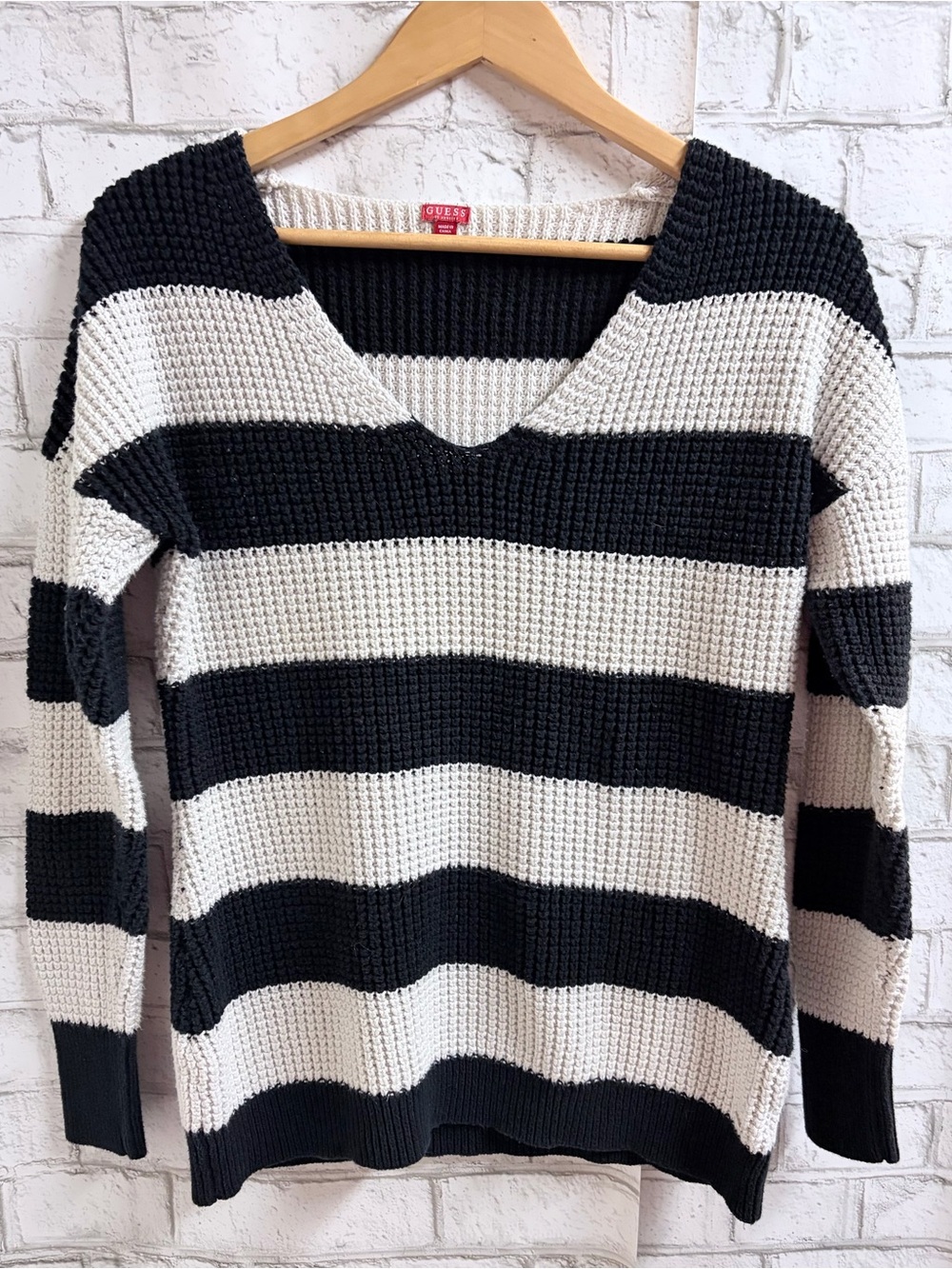Guess Black and Cream Striped V-Neck Knit Sweater
